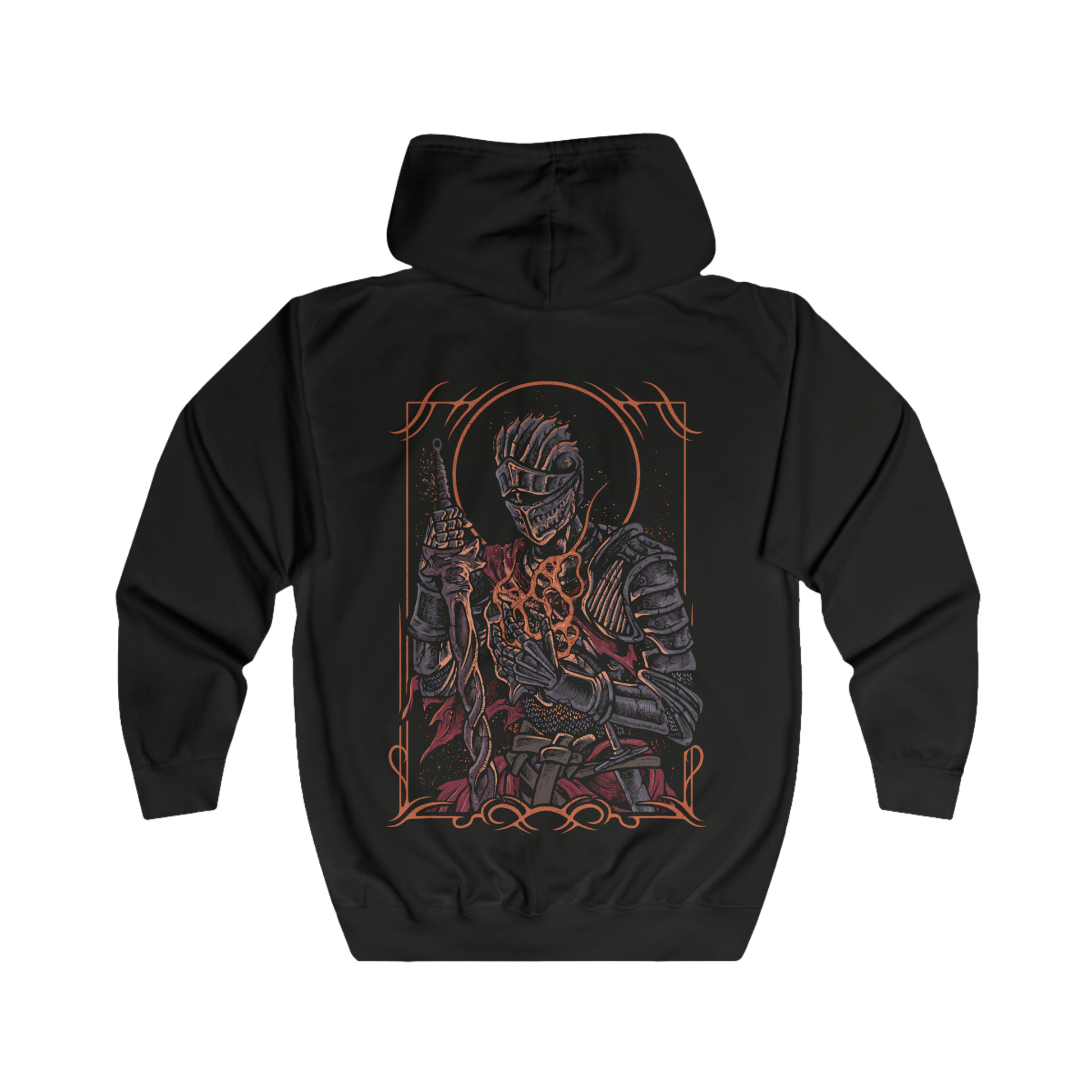 Folded Zip-up Hooded Sweatshirt featuring the Soul of Cinder from Dark Souls III, the culmination of countless champions who sacrificed themselves to link the First Flame. No longer a single warrior, but a fusion of fading legends, its form shifts between fighting styles, echoing the strength of those who came before.