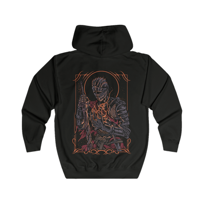 Folded Zip-up Hooded Sweatshirt featuring the Soul of Cinder from Dark Souls III, the culmination of countless champions who sacrificed themselves to link the First Flame. No longer a single warrior, but a fusion of fading legends, its form shifts between fighting styles, echoing the strength of those who came before.