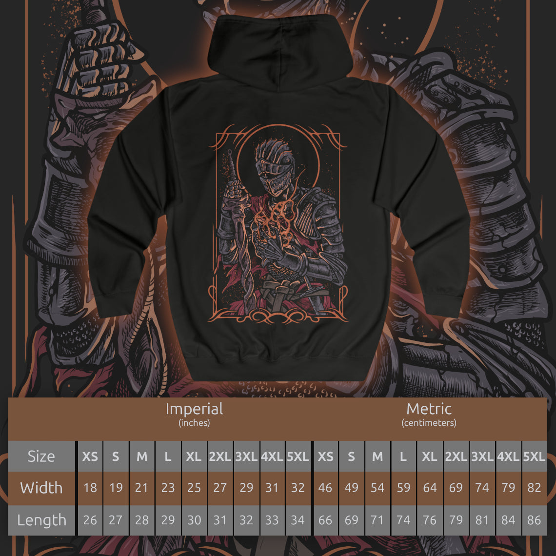 Size chart of a Zip-up Hooded Sweatshirt featuring the Soul of Cinder from Dark Souls III, the culmination of countless champions who sacrificed themselves to link the First Flame. No longer a single warrior, but a fusion of fading legends, its form shifts between fighting styles, echoing the strength of those who came before.