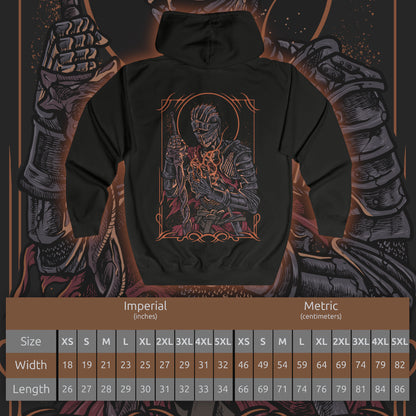 Size chart of a Zip-up Hooded Sweatshirt featuring the Soul of Cinder from Dark Souls III, the culmination of countless champions who sacrificed themselves to link the First Flame. No longer a single warrior, but a fusion of fading legends, its form shifts between fighting styles, echoing the strength of those who came before.