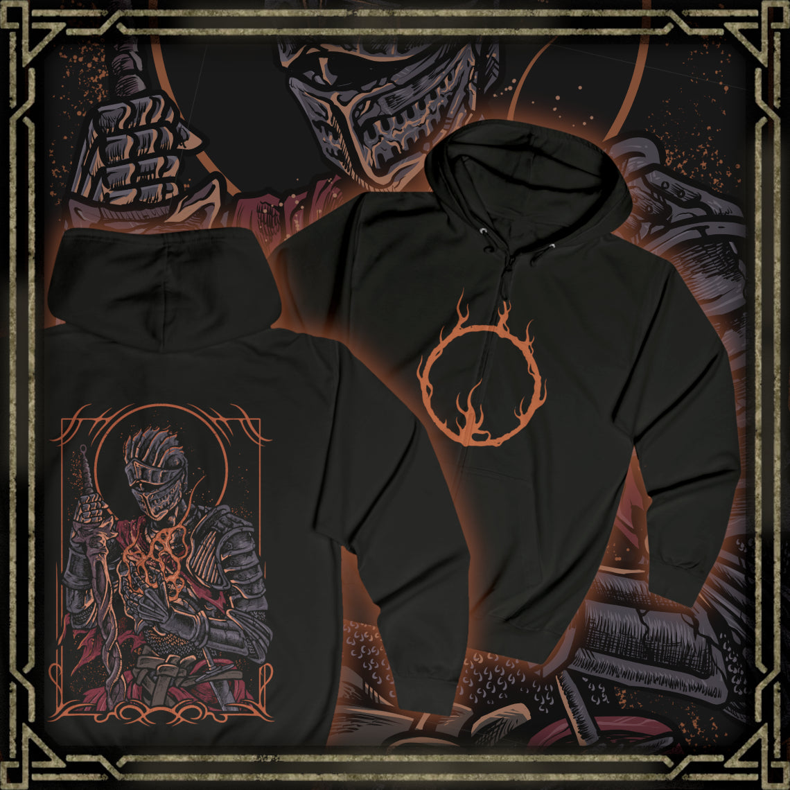 Thumbnail of a Zip-up Hooded Sweatshirt featuring the Soul of Cinder from Dark Souls III, the culmination of countless champions who sacrificed themselves to link the First Flame. No longer a single warrior, but a fusion of fading legends, its form shifts between fighting styles, echoing the strength of those who came before.