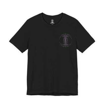 Image 4 of a T-shirt featuring Starscourge Radahn from Elden Ring, the towering demigod general who commands gravitational magic and rides his tiny steed, Leonard. Wielding twin greatswords and clad in scarred red armor, Radahn defies cosmic forces and madness alike. This design captures his legendary strength and tragic descent beneath the blood-red sky of Caelid.