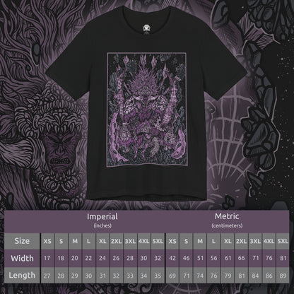Size chart of a T-shirt featuring Starscourge Radahn from Elden Ring, the towering demigod general who commands gravitational magic and rides his tiny steed, Leonard. Wielding twin greatswords and clad in scarred red armor, Radahn defies cosmic forces and madness alike. This design captures his legendary strength and tragic descent beneath the blood-red sky of Caelid.