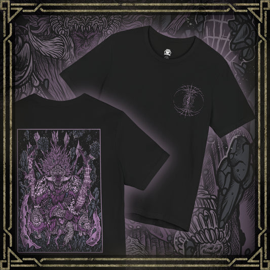 Thumbnail of a T-shirt featuring Starscourge Radahn from Elden Ring, the towering demigod general who commands gravitational magic and rides his tiny steed, Leonard. Wielding twin greatswords and clad in scarred red armor, Radahn defies cosmic forces and madness alike. This design captures his legendary strength and tragic descent beneath the blood-red sky of Caelid.