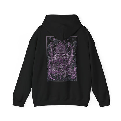 Image 5 of a Hooded Sweatshirt featuring Starscourge Radahn from Elden Ring, the Red Lion General and master of gravity magic. Towering in crimson armor and wielding twin greatswords, Radahn once held the stars themselves in place, halting the cosmos through sheer force of will. Riding his loyal steed Leonard using gravity sorcery, he is both a symbol of overwhelming strength and tragic ruin—his mind shattered by Scarlet Rot. A must-have for fans of Elden Ring’s most iconic bosses.