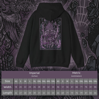 Size chart of a Hooded Sweatshirt featuring Starscourge Radahn from Elden Ring, the Red Lion General and master of gravity magic. Towering in crimson armor and wielding twin greatswords, Radahn once held the stars themselves in place, halting the cosmos through sheer force of will. Riding his loyal steed Leonard using gravity sorcery, he is both a symbol of overwhelming strength and tragic ruin—his mind shattered by Scarlet Rot. A must-have for fans of Elden Ring’s most iconic bosses.