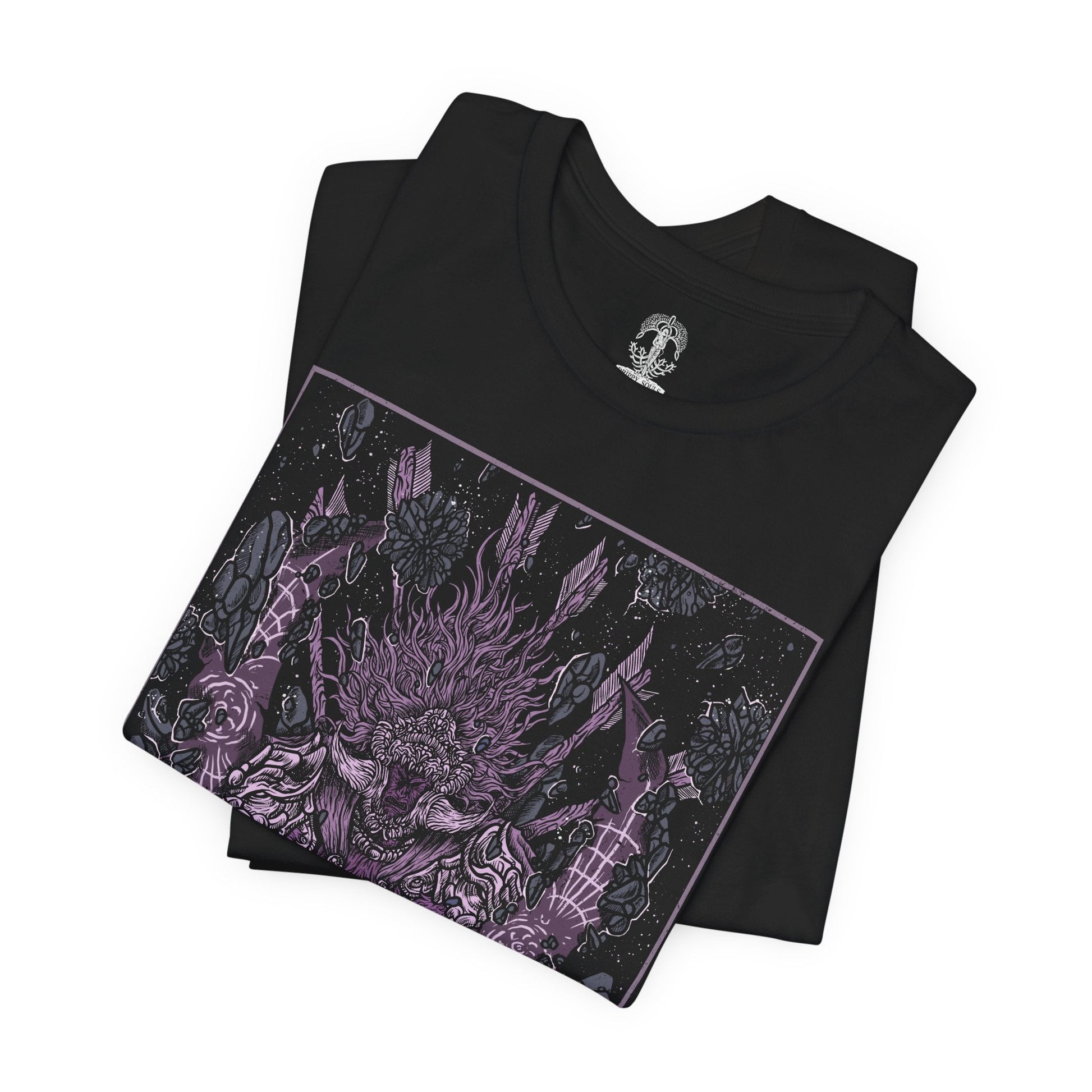 Image 5 of a T-shirt featuring Starscourge Radahn from Elden Ring in a grim design, showcasing his towering presence, gravity-defying power, and tragic backstory, perfect for fans who revere his status as one of the most formidable and iconic bosses in the Lands Between.