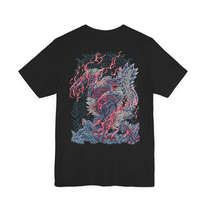 Image 5 of a T-Shirt artwork depicting Stygian Zinogre roaring beneath a darkened sky, its black-and-crimson fur surrounded by swarms of glowing Dracophage Bugs. Dragon Element energy pulses across its body as red sparks and supernatural particles fill the battlefield. This design reflects the monster's aggressive nature, electrifying movements, and terrifying transformation into one of Monster Hunter's most dangerous Fanged Wyverns.