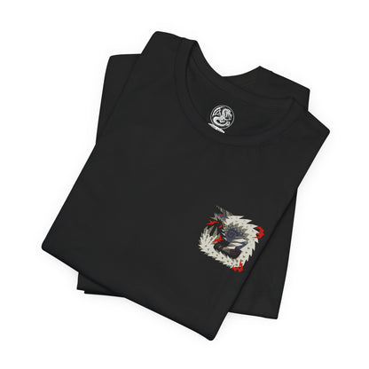 Image 6 of a T-Shirt artwork depicting Stygian Zinogre roaring beneath a darkened sky, its black-and-crimson fur surrounded by swarms of glowing Dracophage Bugs. Dragon Element energy pulses across its body as red sparks and supernatural particles fill the battlefield. This design reflects the monster's aggressive nature, electrifying movements, and terrifying transformation into one of Monster Hunter's most dangerous Fanged Wyverns.