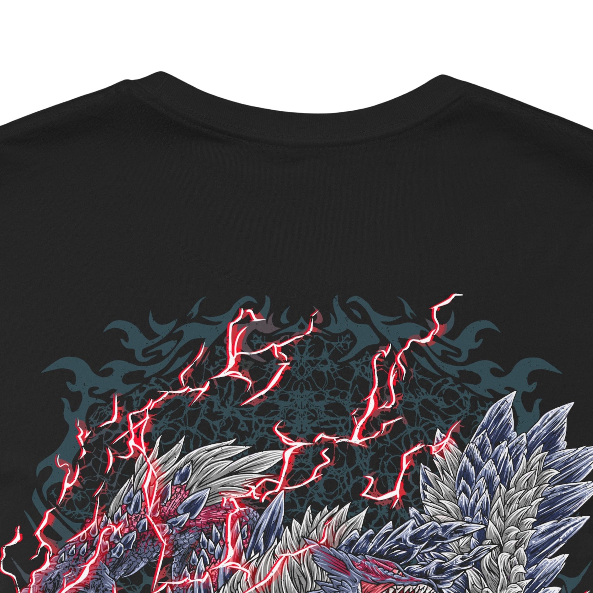 Image 7 of a T-Shirt artwork depicting Stygian Zinogre roaring beneath a darkened sky, its black-and-crimson fur surrounded by swarms of glowing Dracophage Bugs. Dragon Element energy pulses across its body as red sparks and supernatural particles fill the battlefield. This design reflects the monster's aggressive nature, electrifying movements, and terrifying transformation into one of Monster Hunter's most dangerous Fanged Wyverns.