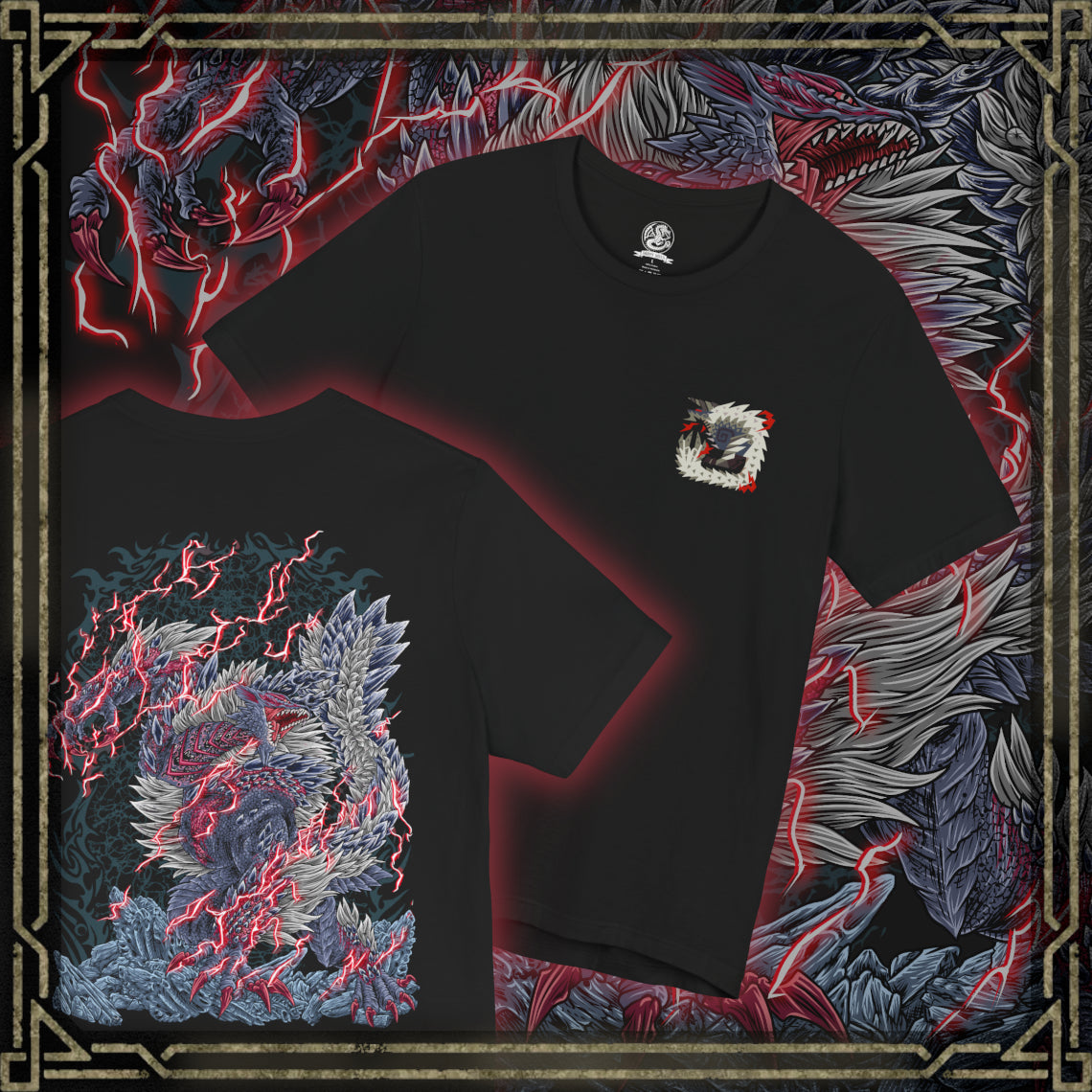 Thumbnail of a T-Shirt artwork depicting Stygian Zinogre roaring beneath a darkened sky, its black-and-crimson fur surrounded by swarms of glowing Dracophage Bugs. Dragon Element energy pulses across its body as red sparks and supernatural particles fill the battlefield. This design reflects the monster's aggressive nature, electrifying movements, and terrifying transformation into one of Monster Hunter's most dangerous Fanged Wyverns.