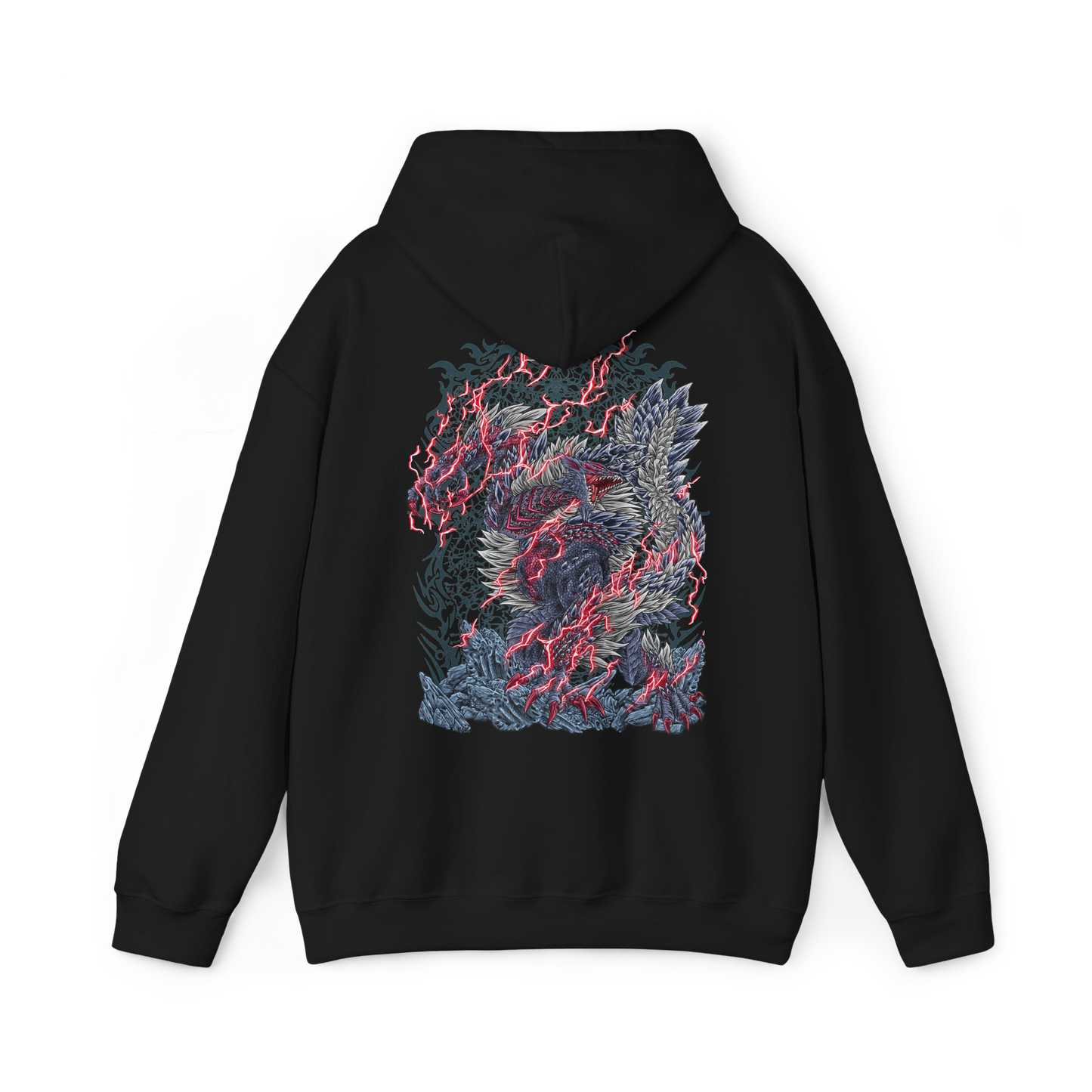 Image 5 of a Hooded Sweatshirt illustration of Stygian Zinogre charging through a shattered landscape, crimson Dragon Element exploding around its claws as its powerful body tears across the battlefield. Red energy trails behind its movements while Dracophage Bugs spiral through the air. The composition emphasizes primal strength, relentless aggression, and the dark, intimidating presence of this iconic variant of Zinogre.