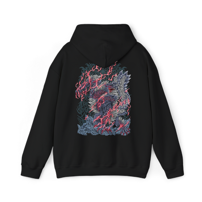 Image 5 of a Hooded Sweatshirt illustration of Stygian Zinogre charging through a shattered landscape, crimson Dragon Element exploding around its claws as its powerful body tears across the battlefield. Red energy trails behind its movements while Dracophage Bugs spiral through the air. The composition emphasizes primal strength, relentless aggression, and the dark, intimidating presence of this iconic variant of Zinogre.
