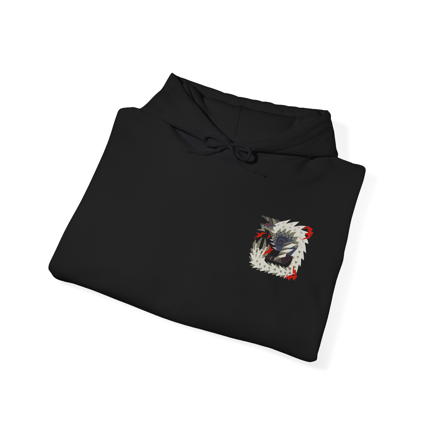Image 6 of a Hooded Sweatshirt illustration of Stygian Zinogre charging through a shattered landscape, crimson Dragon Element exploding around its claws as its powerful body tears across the battlefield. Red energy trails behind its movements while Dracophage Bugs spiral through the air. The composition emphasizes primal strength, relentless aggression, and the dark, intimidating presence of this iconic variant of Zinogre.