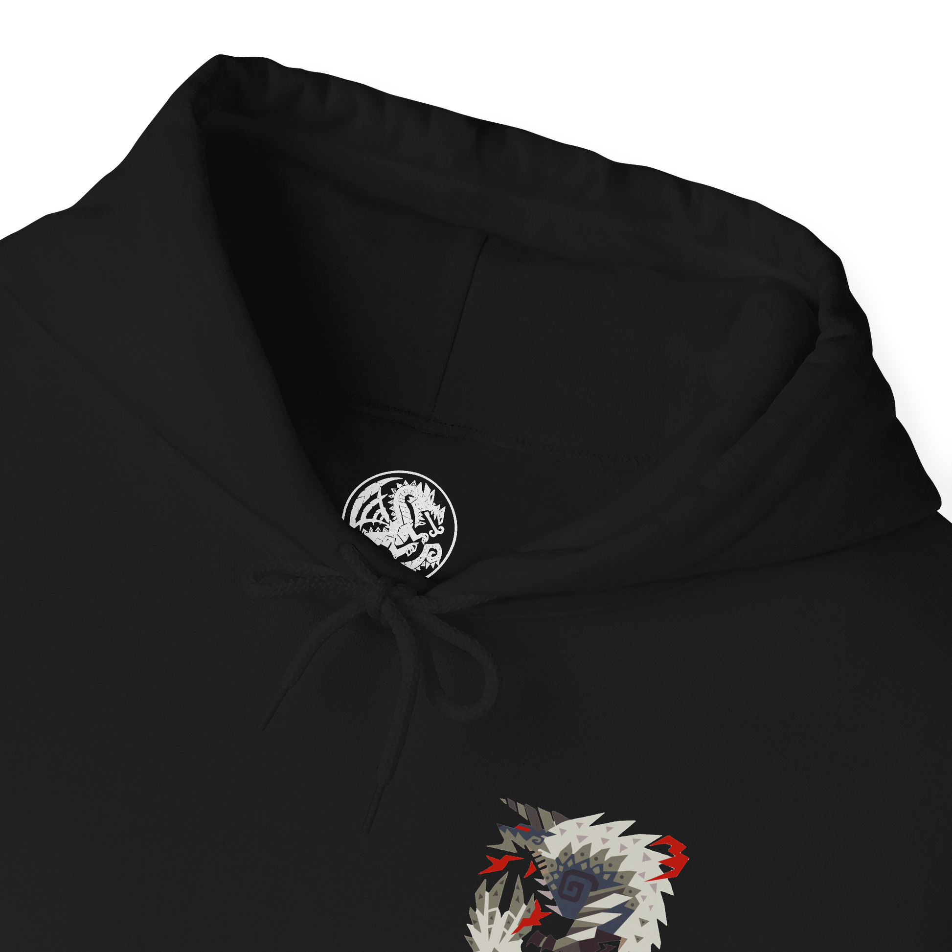 Folded Hooded Sweatshirt illustration of Stygian Zinogre charging through a shattered landscape, crimson Dragon Element exploding around its claws as its powerful body tears across the battlefield. Red energy trails behind its movements while Dracophage Bugs spiral through the air. The composition emphasizes primal strength, relentless aggression, and the dark, intimidating presence of this iconic variant of Zinogre.