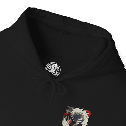 Folded Hooded Sweatshirt illustration of Stygian Zinogre charging through a shattered landscape, crimson Dragon Element exploding around its claws as its powerful body tears across the battlefield. Red energy trails behind its movements while Dracophage Bugs spiral through the air. The composition emphasizes primal strength, relentless aggression, and the dark, intimidating presence of this iconic variant of Zinogre.