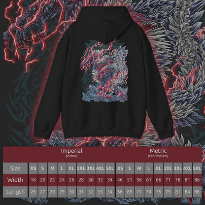 Size chart of a Hooded Sweatshirt illustration of Stygian Zinogre charging through a shattered landscape, crimson Dragon Element exploding around its claws as its powerful body tears across the battlefield. Red energy trails behind its movements while Dracophage Bugs spiral through the air. The composition emphasizes primal strength, relentless aggression, and the dark, intimidating presence of this iconic variant of Zinogre.