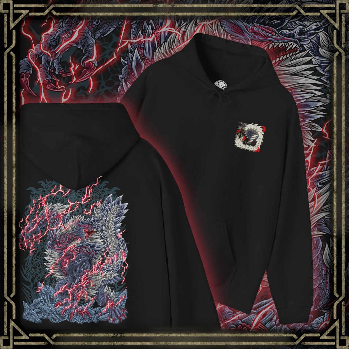 Thumbnail of a Hooded Sweatshirt illustration of Stygian Zinogre charging through a shattered landscape, crimson Dragon Element exploding around its claws as its powerful body tears across the battlefield. Red energy trails behind its movements while Dracophage Bugs spiral through the air. The composition emphasizes primal strength, relentless aggression, and the dark, intimidating presence of this iconic variant of Zinogre.