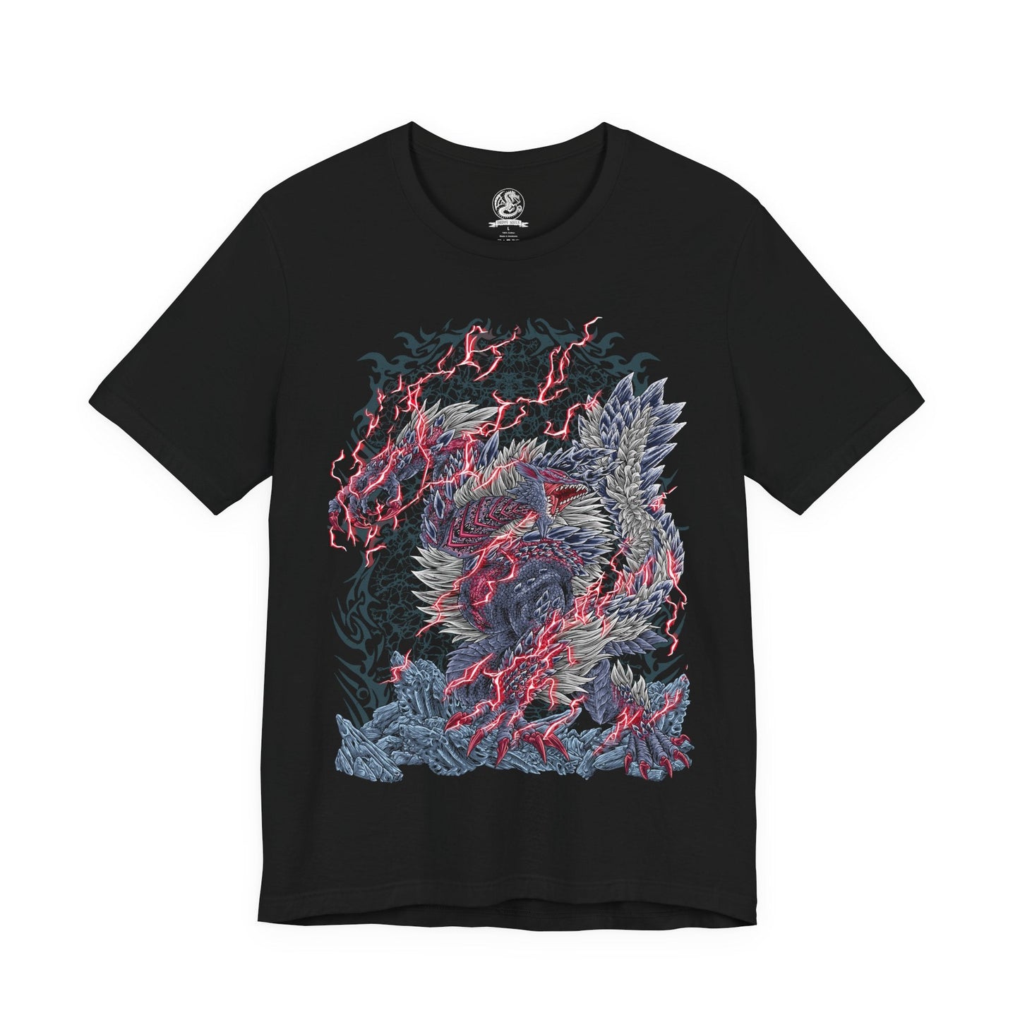 Image 4 of a T-Shirt design of Stygian Zinogre from Monster Hunter, standing amid a storm of crimson Dragon Element energy as dark scales and glowing red markings illuminate its massive body. Dracophage Bugs swarm around its claws and horns while the beast prepares to unleash its devastating power. The design captures Stygian Zinogre's ferocity, speed, and mastery of the Dragon Element.