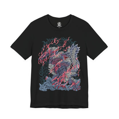 Image 4 of a T-Shirt design of Stygian Zinogre from Monster Hunter, standing amid a storm of crimson Dragon Element energy as dark scales and glowing red markings illuminate its massive body. Dracophage Bugs swarm around its claws and horns while the beast prepares to unleash its devastating power. The design captures Stygian Zinogre's ferocity, speed, and mastery of the Dragon Element.