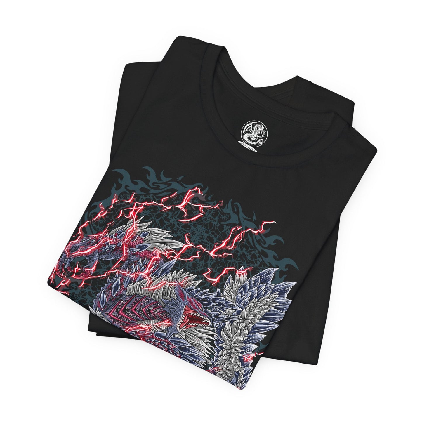 Image 5 of a T-Shirt design of Stygian Zinogre from Monster Hunter, standing amid a storm of crimson Dragon Element energy as dark scales and glowing red markings illuminate its massive body. Dracophage Bugs swarm around its claws and horns while the beast prepares to unleash its devastating power. The design captures Stygian Zinogre's ferocity, speed, and mastery of the Dragon Element.