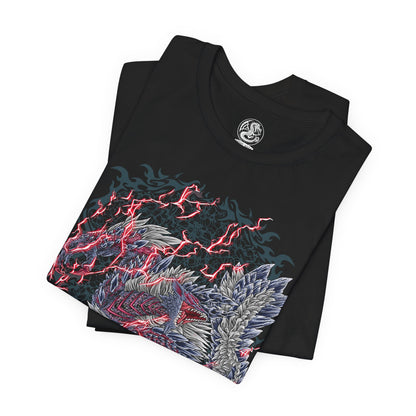 Image 5 of a T-Shirt design of Stygian Zinogre from Monster Hunter, standing amid a storm of crimson Dragon Element energy as dark scales and glowing red markings illuminate its massive body. Dracophage Bugs swarm around its claws and horns while the beast prepares to unleash its devastating power. The design captures Stygian Zinogre's ferocity, speed, and mastery of the Dragon Element.