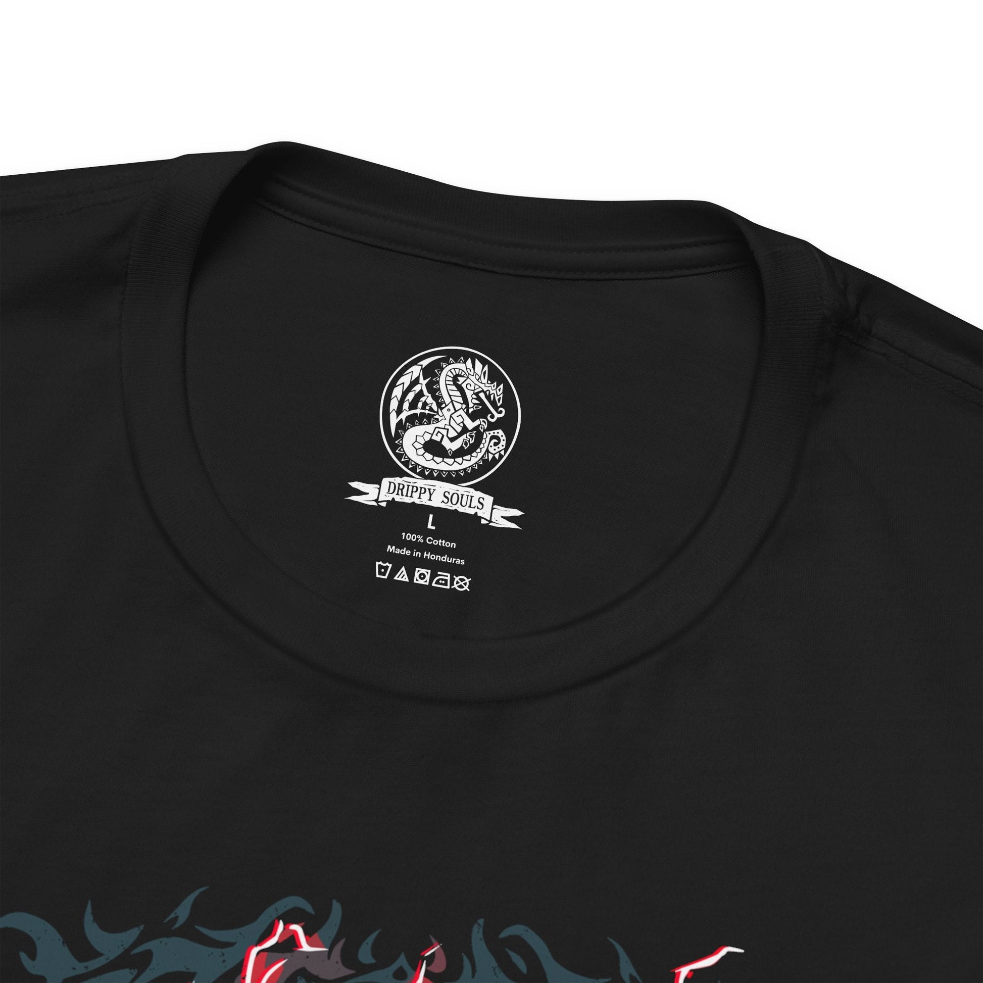 Folded T-Shirt design of Stygian Zinogre from Monster Hunter, standing amid a storm of crimson Dragon Element energy as dark scales and glowing red markings illuminate its massive body. Dracophage Bugs swarm around its claws and horns while the beast prepares to unleash its devastating power. The design captures Stygian Zinogre's ferocity, speed, and mastery of the Dragon Element.