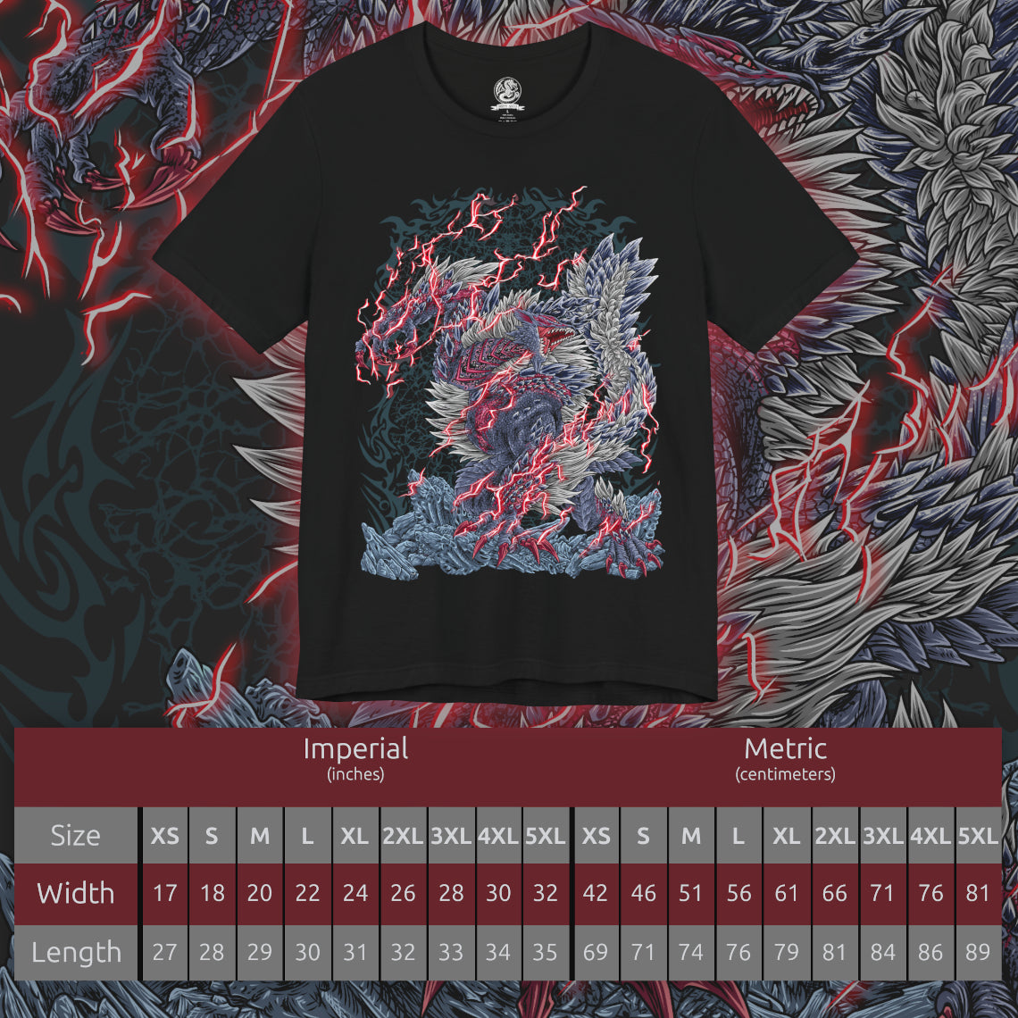 Size chart of a T-Shirt design of Stygian Zinogre from Monster Hunter, standing amid a storm of crimson Dragon Element energy as dark scales and glowing red markings illuminate its massive body. Dracophage Bugs swarm around its claws and horns while the beast prepares to unleash its devastating power. The design captures Stygian Zinogre's ferocity, speed, and mastery of the Dragon Element.