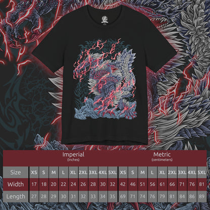 Size chart of a T-Shirt design of Stygian Zinogre from Monster Hunter, standing amid a storm of crimson Dragon Element energy as dark scales and glowing red markings illuminate its massive body. Dracophage Bugs swarm around its claws and horns while the beast prepares to unleash its devastating power. The design captures Stygian Zinogre's ferocity, speed, and mastery of the Dragon Element.