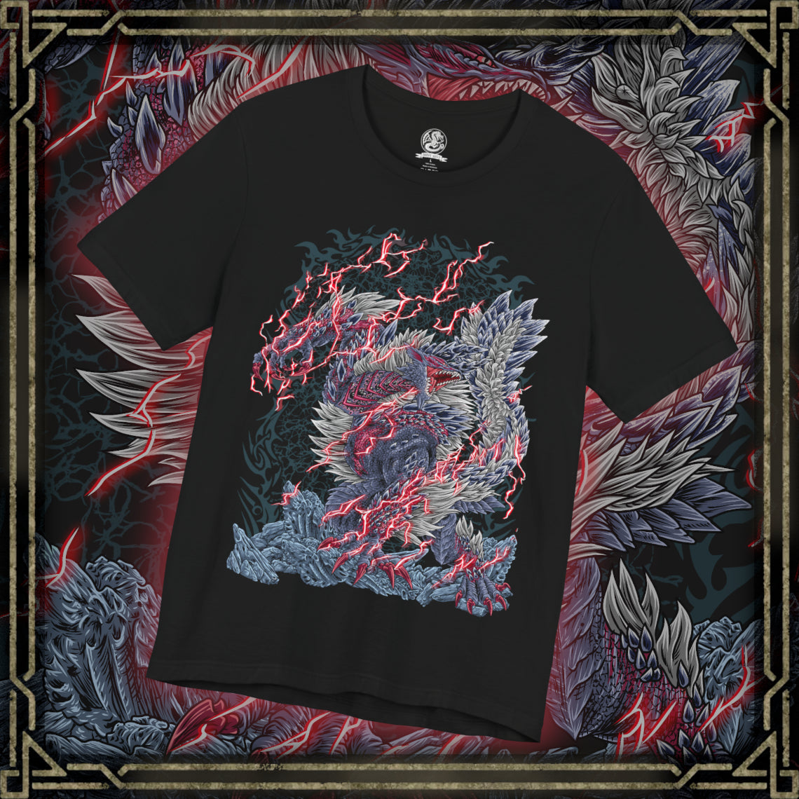 Thumbnail of a T-Shirt design of Stygian Zinogre from Monster Hunter, standing amid a storm of crimson Dragon Element energy as dark scales and glowing red markings illuminate its massive body. Dracophage Bugs swarm around its claws and horns while the beast prepares to unleash its devastating power. The design captures Stygian Zinogre's ferocity, speed, and mastery of the Dragon Element.