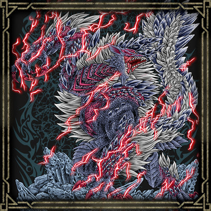 Wallpaper of Stygian Zinogre. Emerging from the frozen wilderness, Stygian Zinogre commands swarms of Dracophages to channel devastating Dragon Element attacks. Its black and crimson appearance reflects the corrupted energy coursing through its body, while its incredible speed allows it to overwhelm hunters with rapid strikes and powerful leaps. This fearsome Fanged Wyvern embodies the darker and more dangerous side of Zinogre.