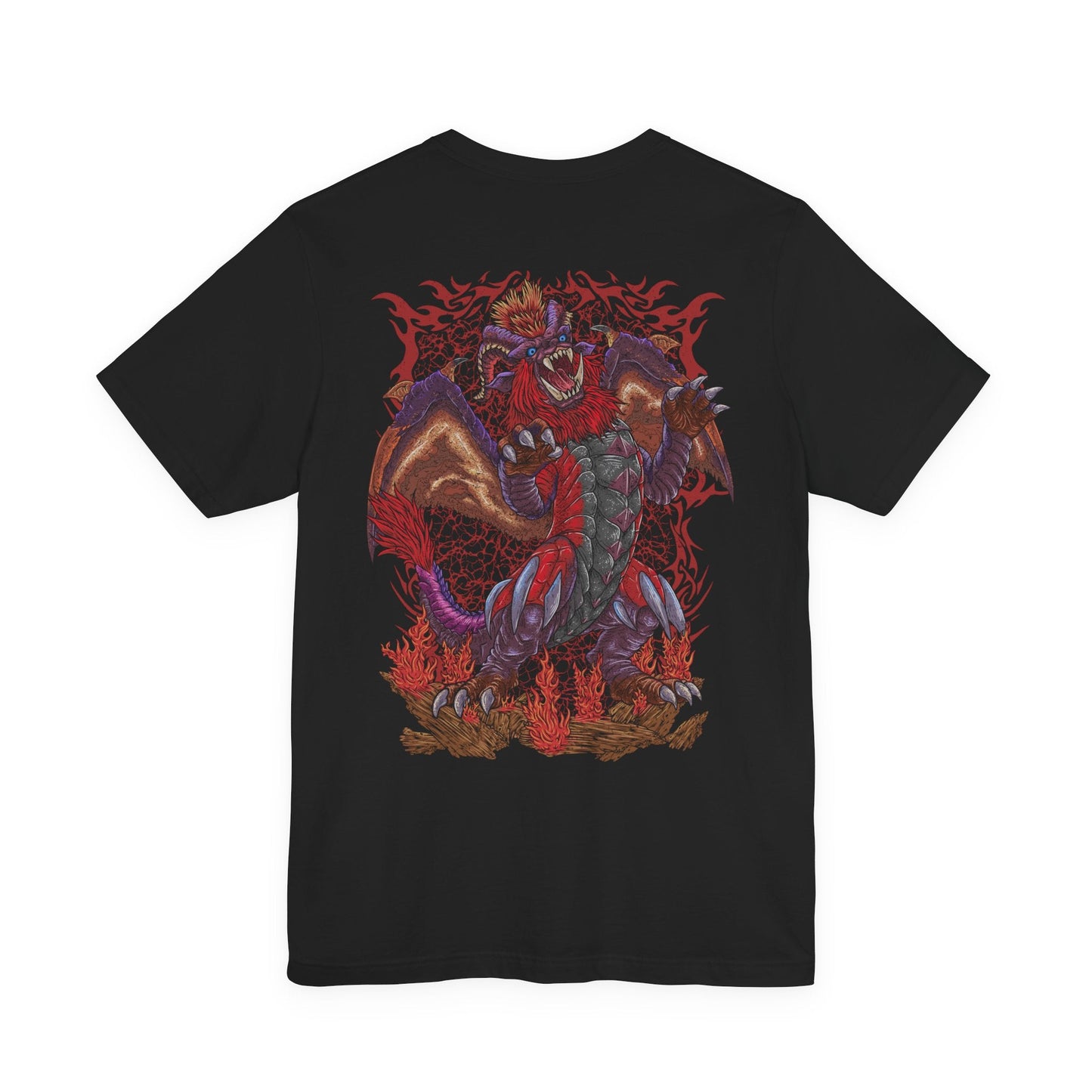 Image 5 of a T-Shirt artwork depicting Teostra roaring amid a storm of fire, its massive wings spread wide as heat distorts the battlefield around it. Molten rock cracks beneath its claws while burning particles swirl through the air. This design reflects the Elder Dragon’s overwhelming mastery of flame and explosive powder, embodying chaos, power, and elemental fury.