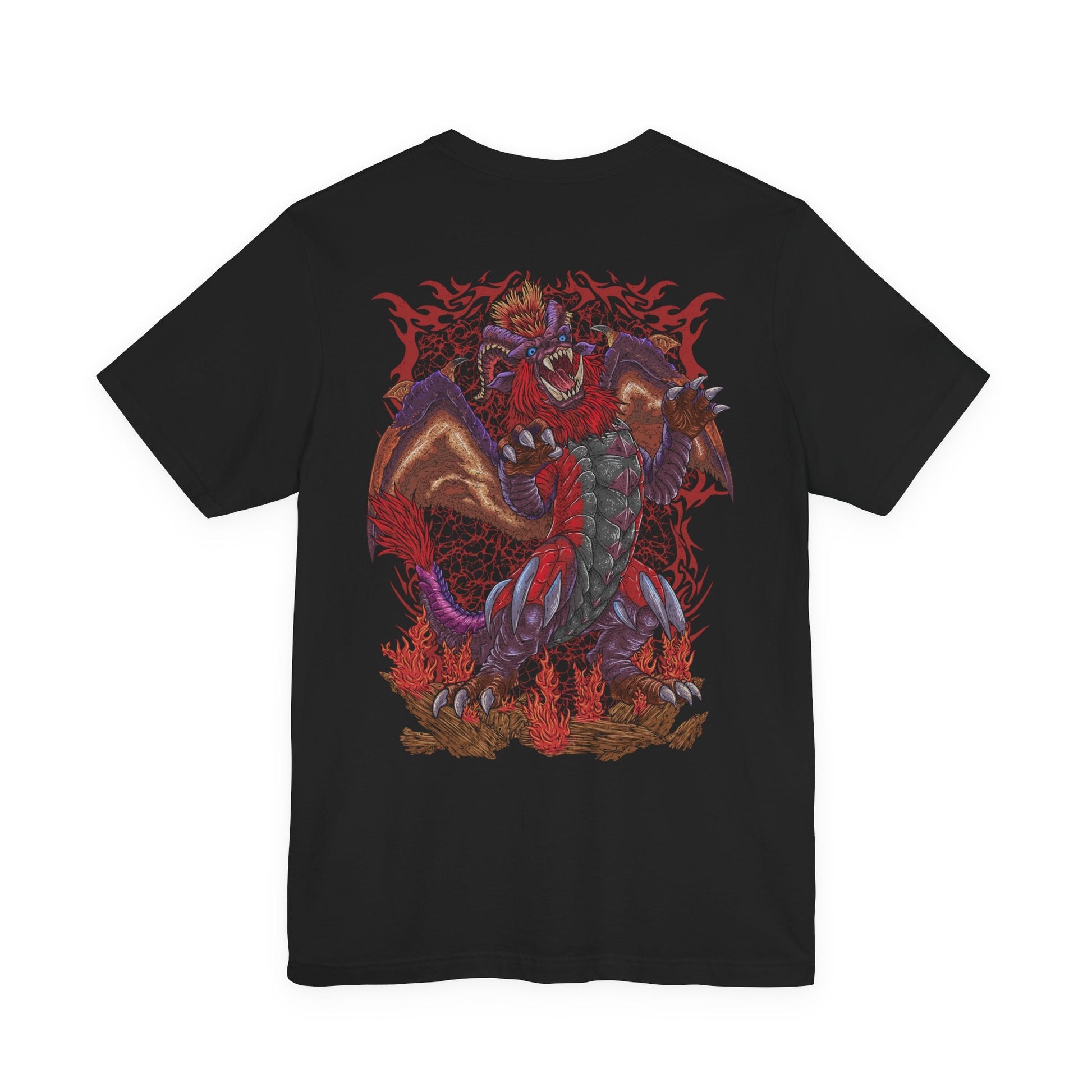 Image 5 of a T-Shirt artwork depicting Teostra roaring amid a storm of fire, its massive wings spread wide as heat distorts the battlefield around it. Molten rock cracks beneath its claws while burning particles swirl through the air. This design reflects the Elder Dragon’s overwhelming mastery of flame and explosive powder, embodying chaos, power, and elemental fury.
