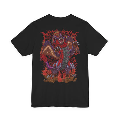 Image 5 of a T-Shirt artwork depicting Teostra roaring amid a storm of fire, its massive wings spread wide as heat distorts the battlefield around it. Molten rock cracks beneath its claws while burning particles swirl through the air. This design reflects the Elder Dragon’s overwhelming mastery of flame and explosive powder, embodying chaos, power, and elemental fury.