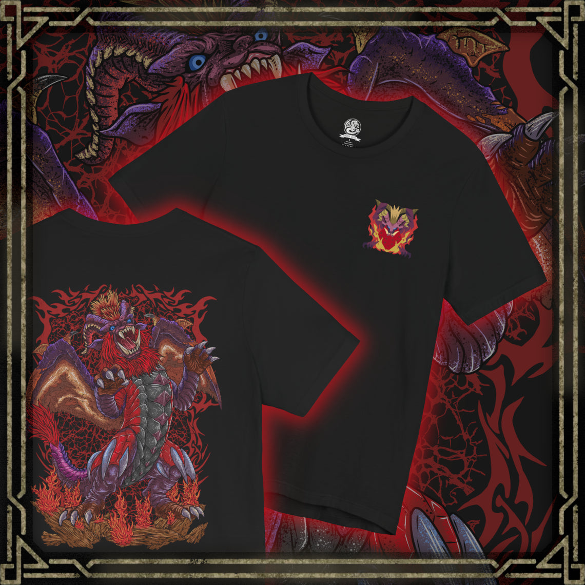 Thumbnail of a T-Shirt artwork depicting Teostra roaring amid a storm of fire, its massive wings spread wide as heat distorts the battlefield around it. Molten rock cracks beneath its claws while burning particles swirl through the air. This design reflects the Elder Dragon’s overwhelming mastery of flame and explosive powder, embodying chaos, power, and elemental fury.