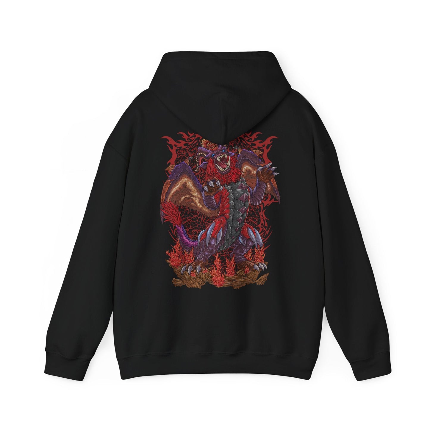 Image 5 of a Hooded Sweatshirt of Teostra emerging from a burning wasteland, its glowing mane and armored scales radiating intense heat. Firestorms erupt around its body as the sky turns red with ash and smoke. The composition emphasizes dominance, destruction, and the terrifying beauty of one of Monster Hunter’s most iconic fire-based Elder Dragons.