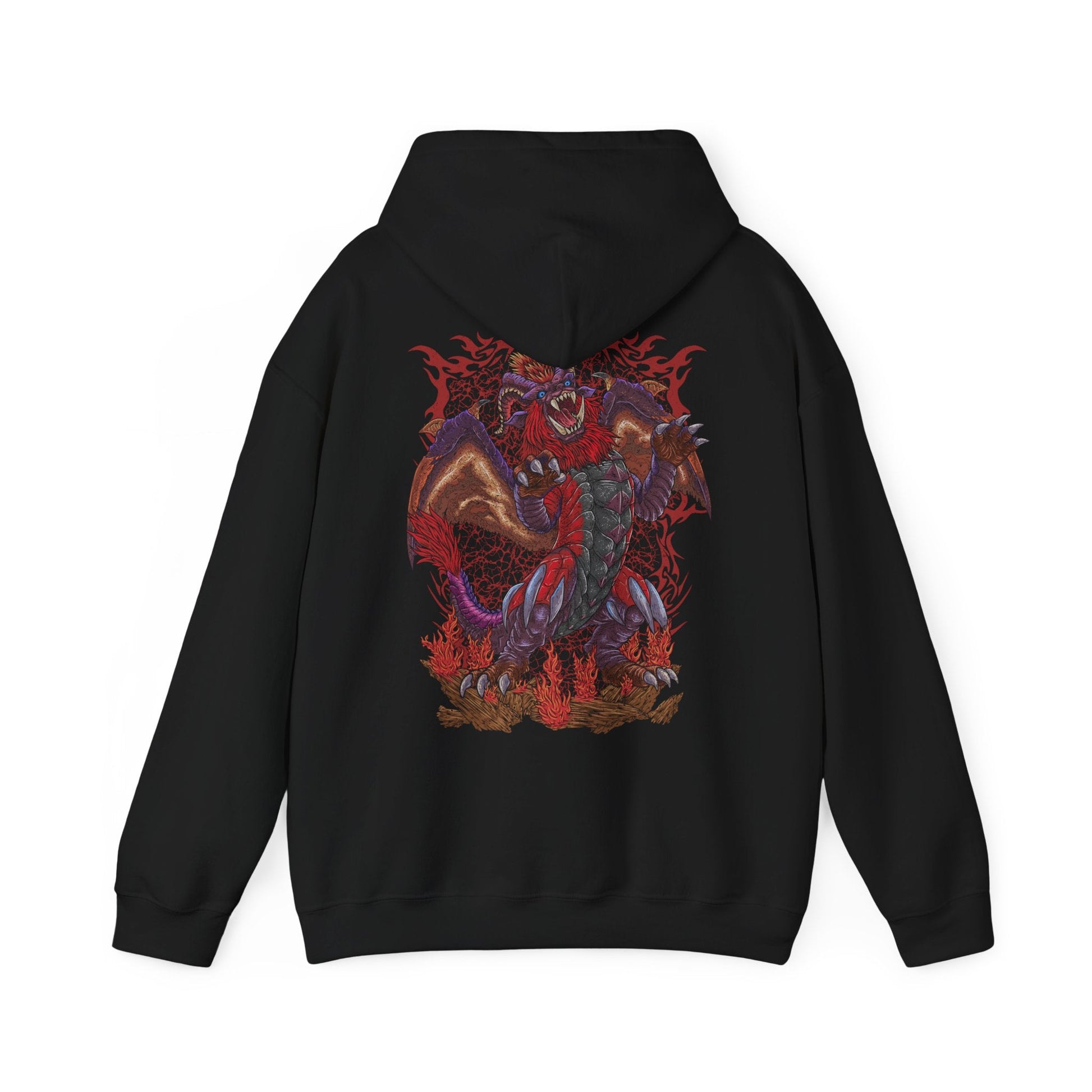 Image 5 of a Hooded Sweatshirt of Teostra emerging from a burning wasteland, its glowing mane and armored scales radiating intense heat. Firestorms erupt around its body as the sky turns red with ash and smoke. The composition emphasizes dominance, destruction, and the terrifying beauty of one of Monster Hunter’s most iconic fire-based Elder Dragons.