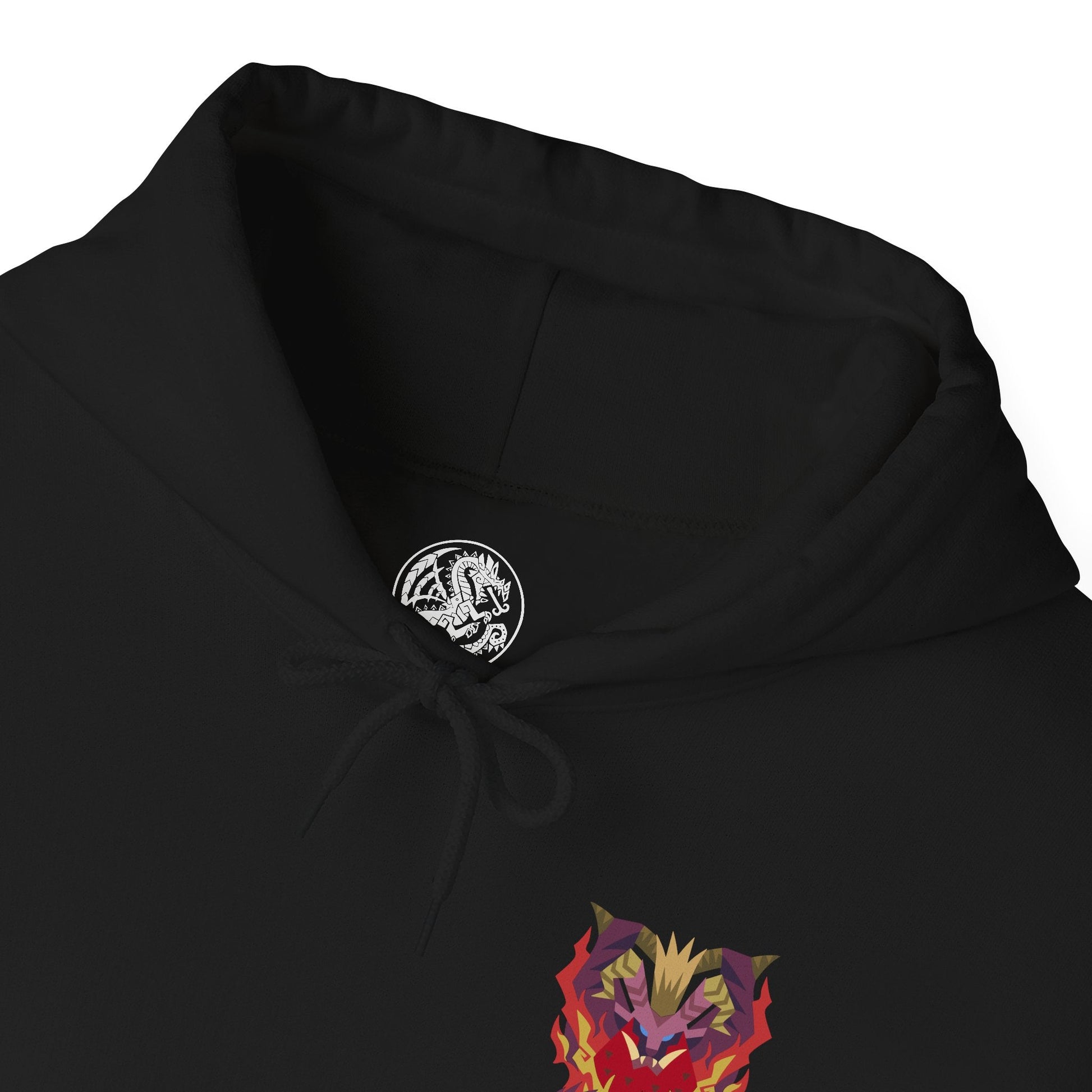 Folded Hooded Sweatshirt of Teostra emerging from a burning wasteland, its glowing mane and armored scales radiating intense heat. Firestorms erupt around its body as the sky turns red with ash and smoke. The composition emphasizes dominance, destruction, and the terrifying beauty of one of Monster Hunter’s most iconic fire-based Elder Dragons.