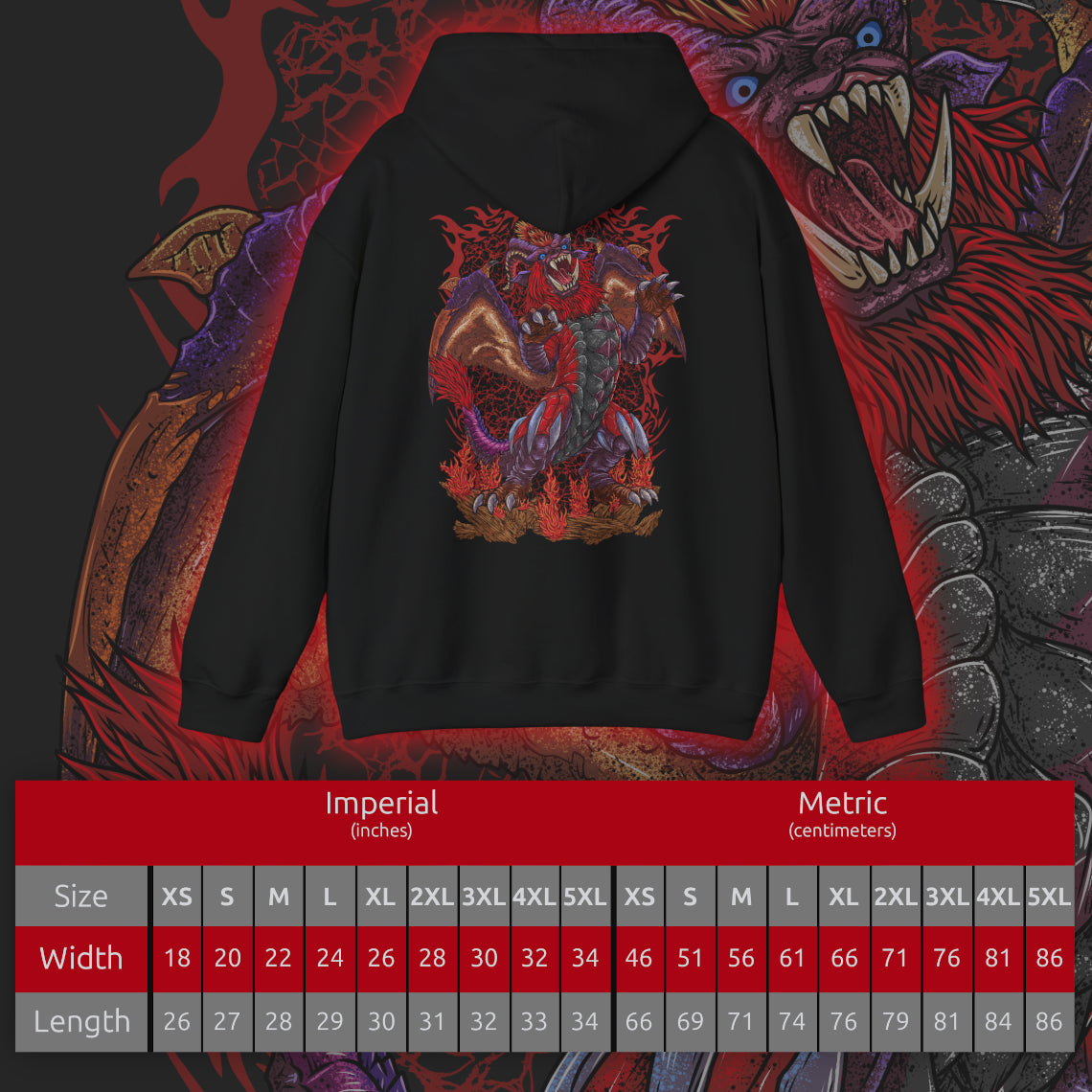 Size chart of a Hooded Sweatshirt of Teostra emerging from a burning wasteland, its glowing mane and armored scales radiating intense heat. Firestorms erupt around its body as the sky turns red with ash and smoke. The composition emphasizes dominance, destruction, and the terrifying beauty of one of Monster Hunter’s most iconic fire-based Elder Dragons.