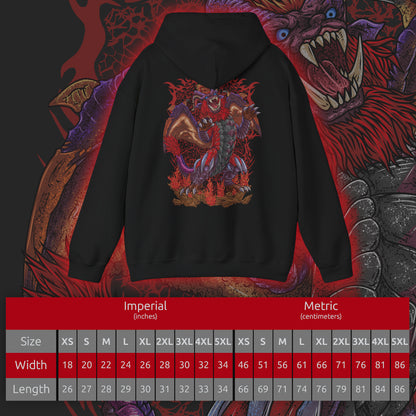 Size chart of a Hooded Sweatshirt of Teostra emerging from a burning wasteland, its glowing mane and armored scales radiating intense heat. Firestorms erupt around its body as the sky turns red with ash and smoke. The composition emphasizes dominance, destruction, and the terrifying beauty of one of Monster Hunter’s most iconic fire-based Elder Dragons.