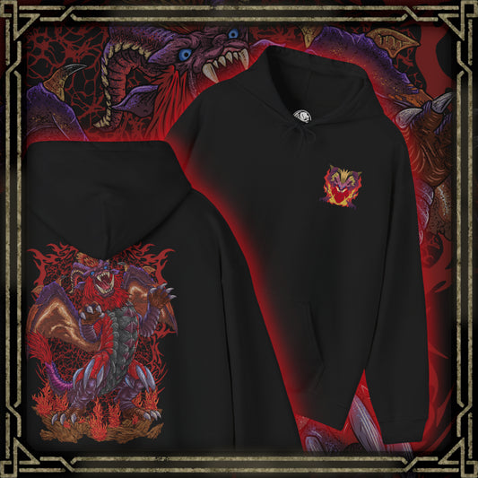 Thumbnail of a Hooded Sweatshirt of Teostra emerging from a burning wasteland, its glowing mane and armored scales radiating intense heat. Firestorms erupt around its body as the sky turns red with ash and smoke. The composition emphasizes dominance, destruction, and the terrifying beauty of one of Monster Hunter’s most iconic fire-based Elder Dragons.
