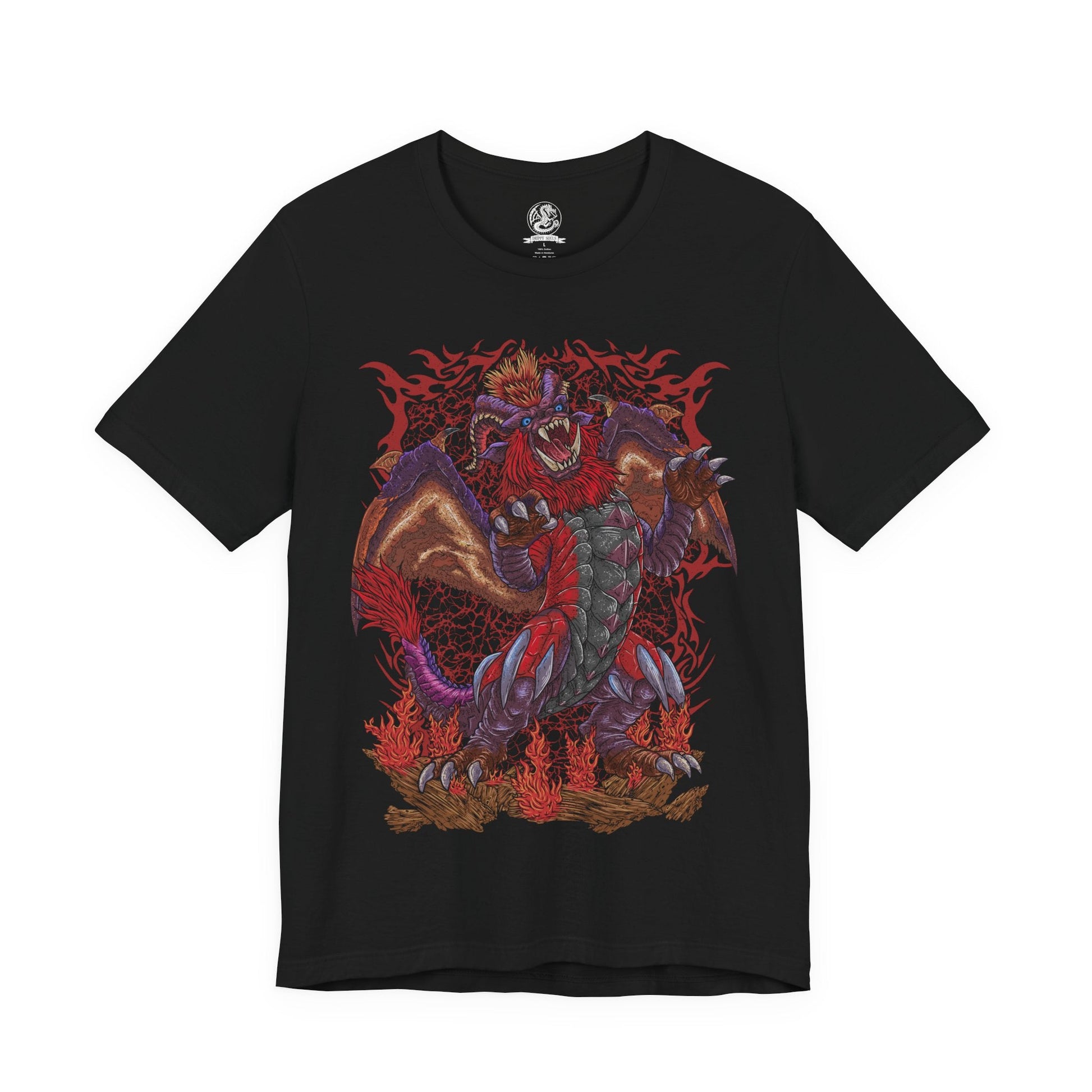 Image 4 of a T-Shirt design of Teostra from Monster Hunter, the blazing Elder Dragon standing atop a volcanic ridge as flames and embers erupt around its lion-like body. Its fiery mane glows beneath a smoke-filled sky while explosive dust scatters through the air. The design captures Teostra’s regal presence, destructive fire power, and status as one of the most feared rulers of volcanic regions.