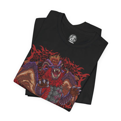 Image 5 of a T-Shirt design of Teostra from Monster Hunter, the blazing Elder Dragon standing atop a volcanic ridge as flames and embers erupt around its lion-like body. Its fiery mane glows beneath a smoke-filled sky while explosive dust scatters through the air. The design captures Teostra’s regal presence, destructive fire power, and status as one of the most feared rulers of volcanic regions.