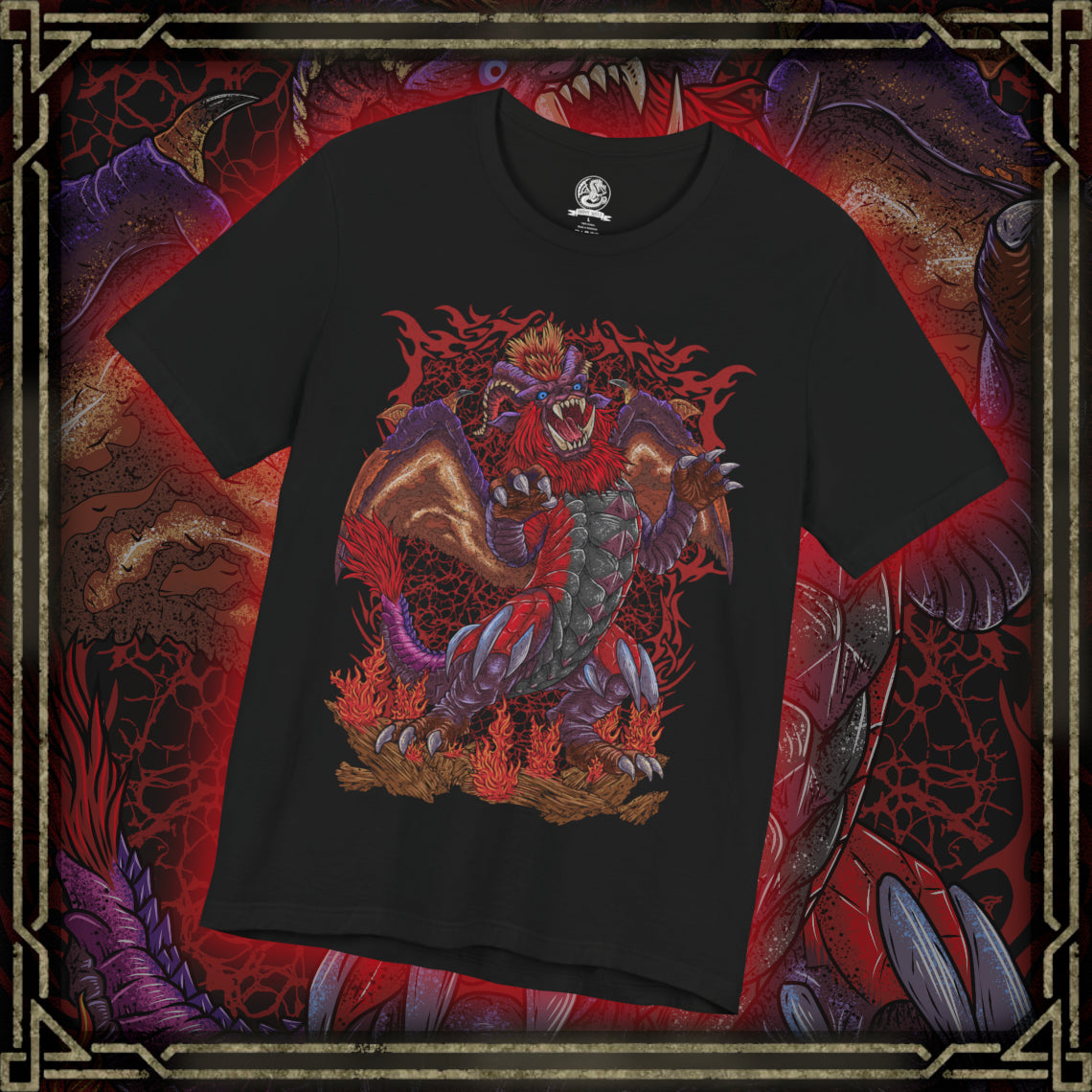 Thumbnail of a T-Shirt design of Teostra from Monster Hunter, the blazing Elder Dragon standing atop a volcanic ridge as flames and embers erupt around its lion-like body. Its fiery mane glows beneath a smoke-filled sky while explosive dust scatters through the air. The design captures Teostra’s regal presence, destructive fire power, and status as one of the most feared rulers of volcanic regions.