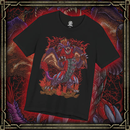 Thumbnail of a T-Shirt design of Teostra from Monster Hunter, the blazing Elder Dragon standing atop a volcanic ridge as flames and embers erupt around its lion-like body. Its fiery mane glows beneath a smoke-filled sky while explosive dust scatters through the air. The design captures Teostra’s regal presence, destructive fire power, and status as one of the most feared rulers of volcanic regions.