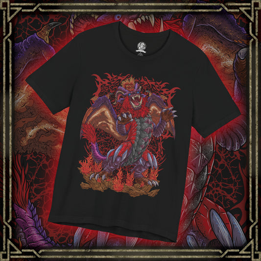 Thumbnail of a T-Shirt design of Teostra from Monster Hunter, the blazing Elder Dragon standing atop a volcanic ridge as flames and embers erupt around its lion-like body. Its fiery mane glows beneath a smoke-filled sky while explosive dust scatters through the air. The design captures Teostra’s regal presence, destructive fire power, and status as one of the most feared rulers of volcanic regions.