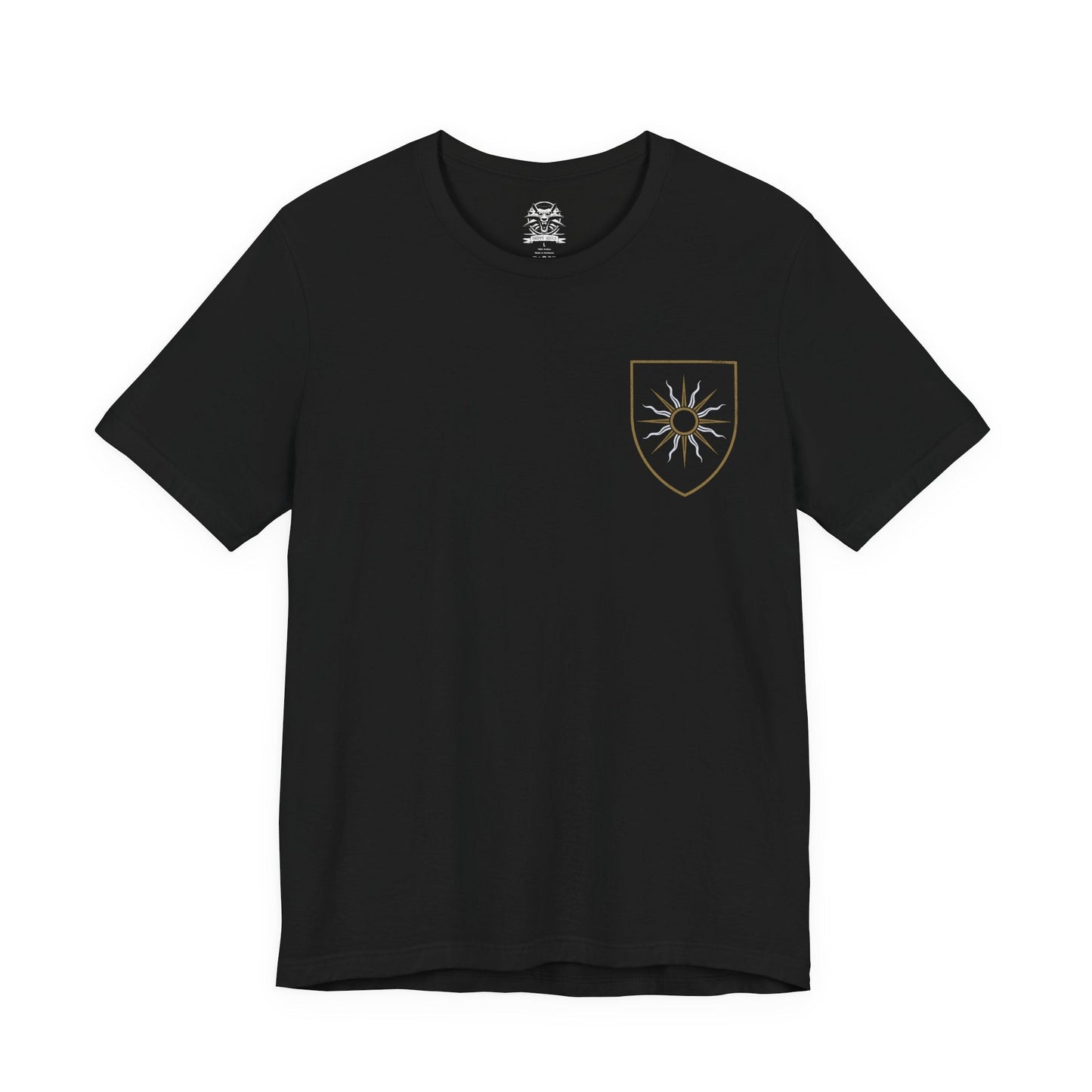 Image 4 of a T-shirt artwork depicting the Beast of White Orchard perched atop ruined battlements, its scarred griffin form roaring against a storm-dark sky. Nilfgaardian armor and fallen soldiers lie scattered below, symbolizing the cost of conquest and neglect. This design captures the beast as both predator and consequence, born from war, neglect, and the crumbling balance between monsters and men.