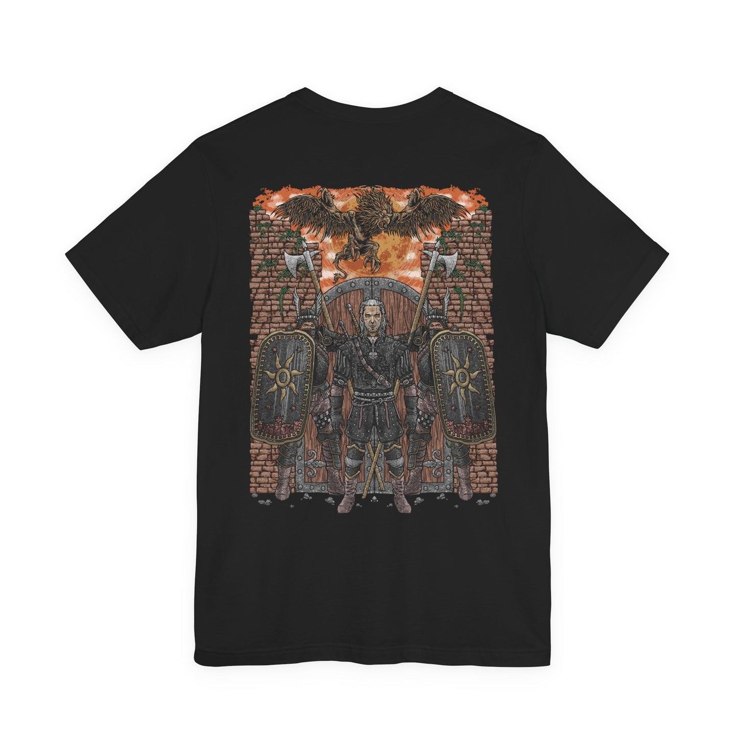 Image 5 of a T-shirt artwork depicting the Beast of White Orchard perched atop ruined battlements, its scarred griffin form roaring against a storm-dark sky. Nilfgaardian armor and fallen soldiers lie scattered below, symbolizing the cost of conquest and neglect. This design captures the beast as both predator and consequence, born from war, neglect, and the crumbling balance between monsters and men.