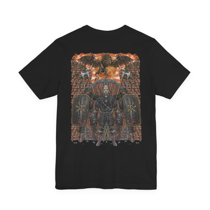 Image 5 of a T-shirt artwork depicting the Beast of White Orchard perched atop ruined battlements, its scarred griffin form roaring against a storm-dark sky. Nilfgaardian armor and fallen soldiers lie scattered below, symbolizing the cost of conquest and neglect. This design captures the beast as both predator and consequence, born from war, neglect, and the crumbling balance between monsters and men.