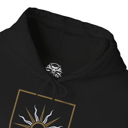 Folded Hooded Sweatshirt of the Beast of White Orchard descending from the clouds, wings beating through smoke and ash as the battlefield below lies silent. Once part of a bonded pair, the griffin’s rage embodies loss and disruption caused by Nilfgaard’s invasion. The design emphasizes tragedy, raw power, and the grim reality that war breeds monsters beyond the battlefield.